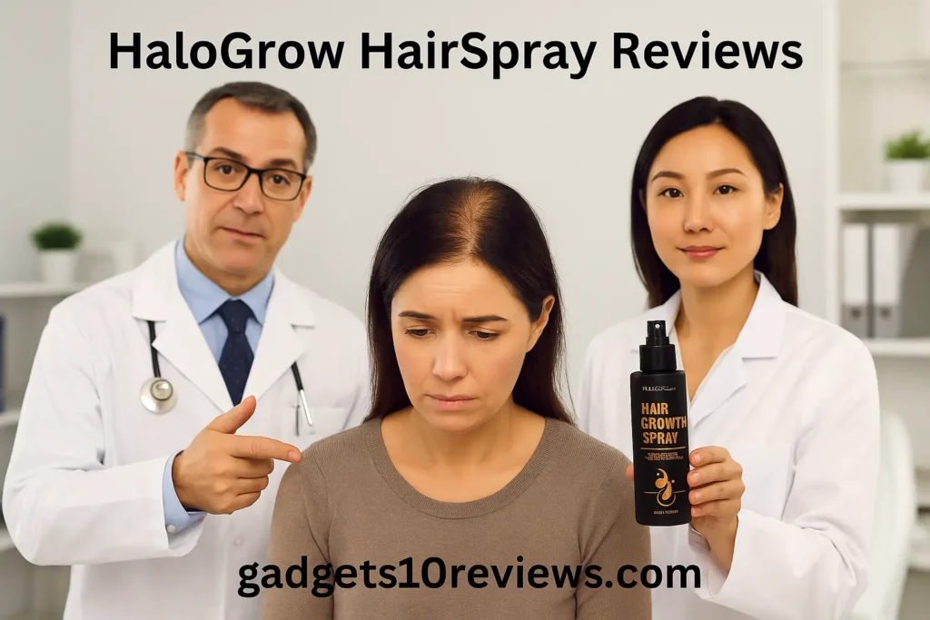 Two doctors recommending HaloGrow HairSpray to a woman with visible hair thinning inside a premium hair clinic setting, product shown at the center, text reads HaloGrow HairSpray Reviews and gadgets10reviews.com