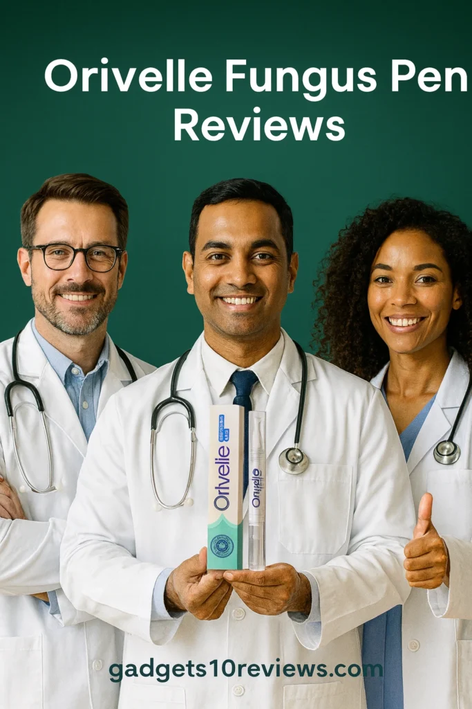 Team of doctors recommending the Orivelle Fungus Pen while holding the product for Orivelle Fungus Pen reviews.