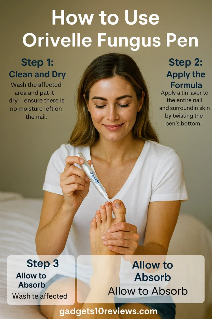 Woman demonstrating step-by-step how to use the Orivelle Fungus Pen by cleaning, applying the formula, and allowing it to absorb.