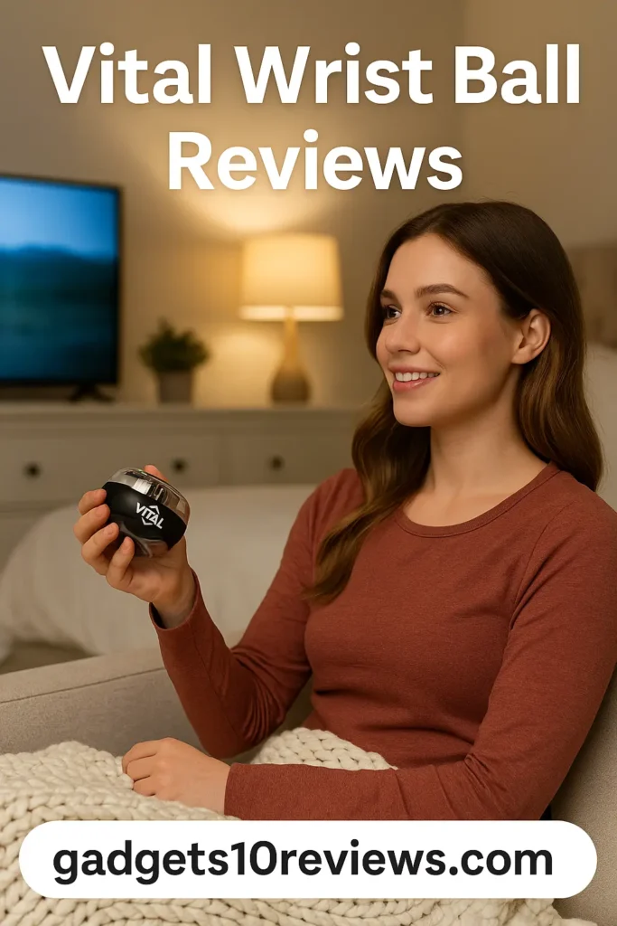 Woman using Vital Wrist Ball in bedroom while watching TV
