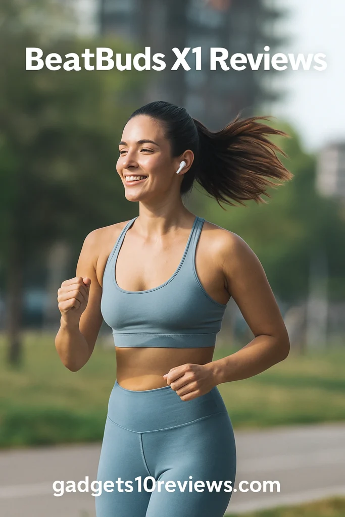 A Fit Women Enjoying The Running In The Morning And Listening The Music In BeatBuds X1, Looking happy And Confiedent.