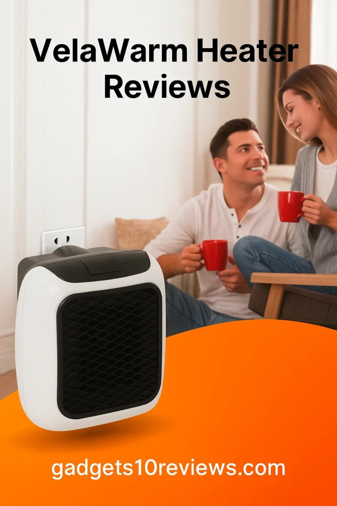 VelaWarm Heater Reviews featured image showing a portable plug-in room heater and a cozy home setting with branding gadgets10reviews.com