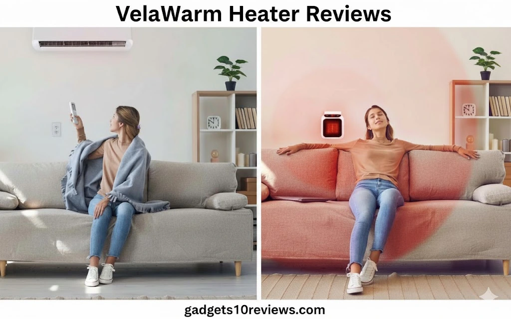 VelaWarm Heater Reviews visual comparison: woman experiencing cold with traditional heating vs. warmth from a compact Wellheater, for gadgets10reviews.com.