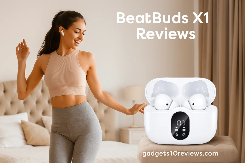 A woman enjoying music with BeatBuds X1 wireless earbuds while dancing in a premium bedroom, with the BeatBuds X1 charging case displayed nearby – BeatBuds X1 Reviews on gadgets10reviews.com.