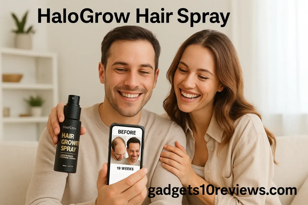 Happy couple viewing hair growth results after using HaloGrow Hair Spray