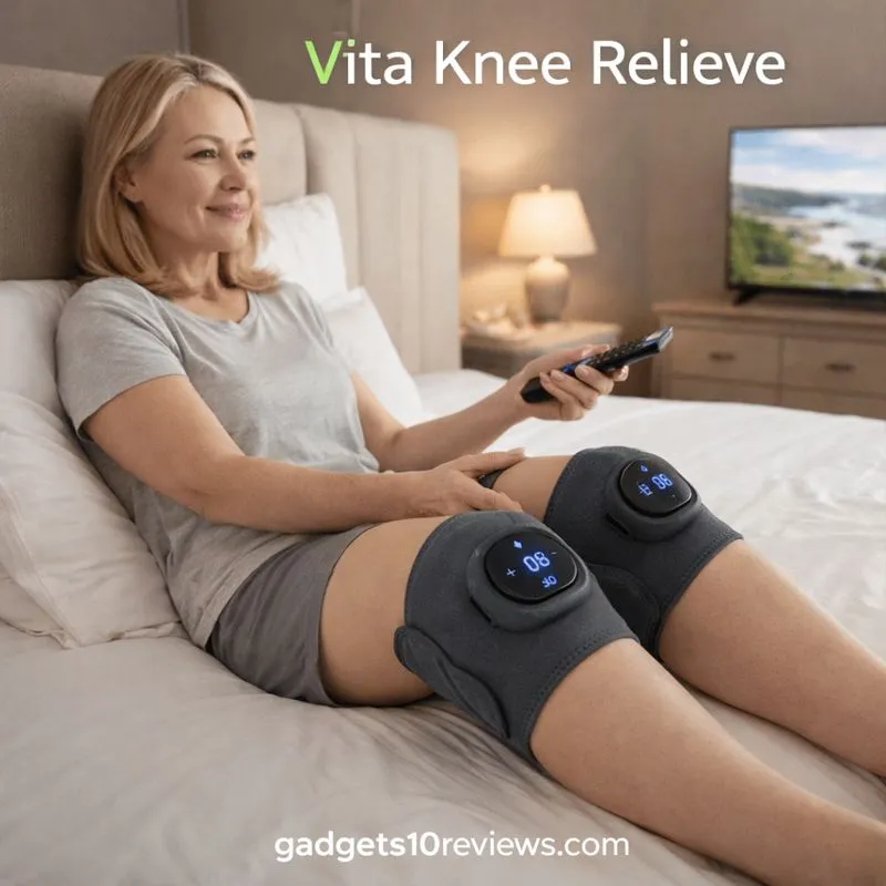Woman using Vita Knee Relieve knee therapy device while watching TV