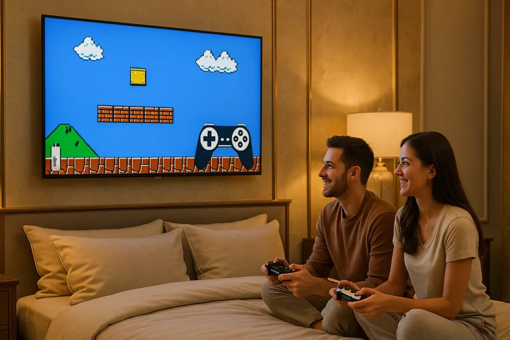 Couple playing retro games with Boltz Retro Stick on a big TV in a luxury bedroom.