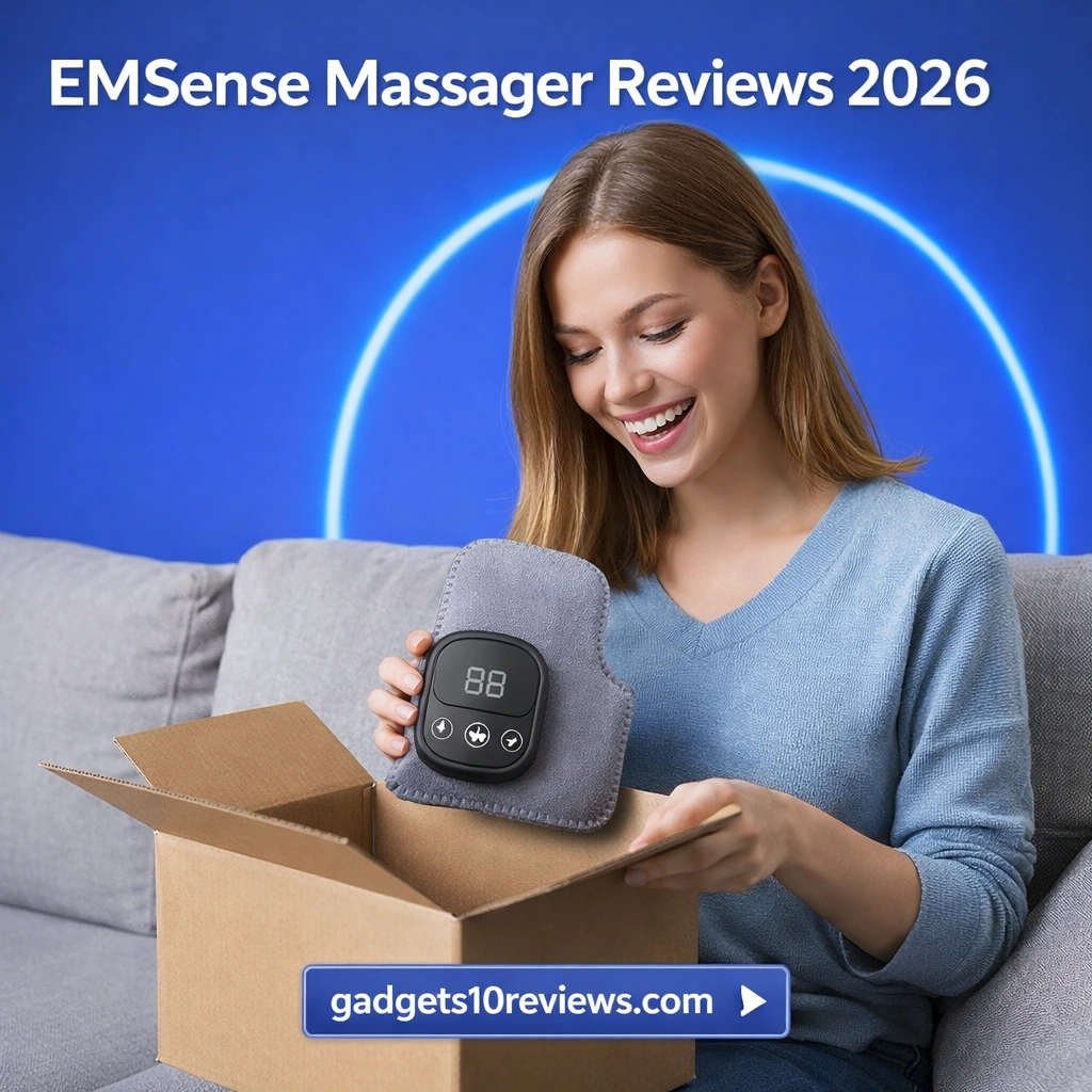 A Women Is Looking happy After Opening The Parcel That She Ordered, EMSense Massager.
