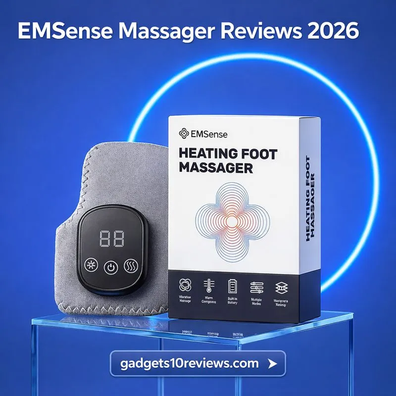 EMSense Massager product image with heating foot massager and box, featuring “EMSense Massager Reviews 2026” headline and gadgets10reviews.com branding on a modern blue background.