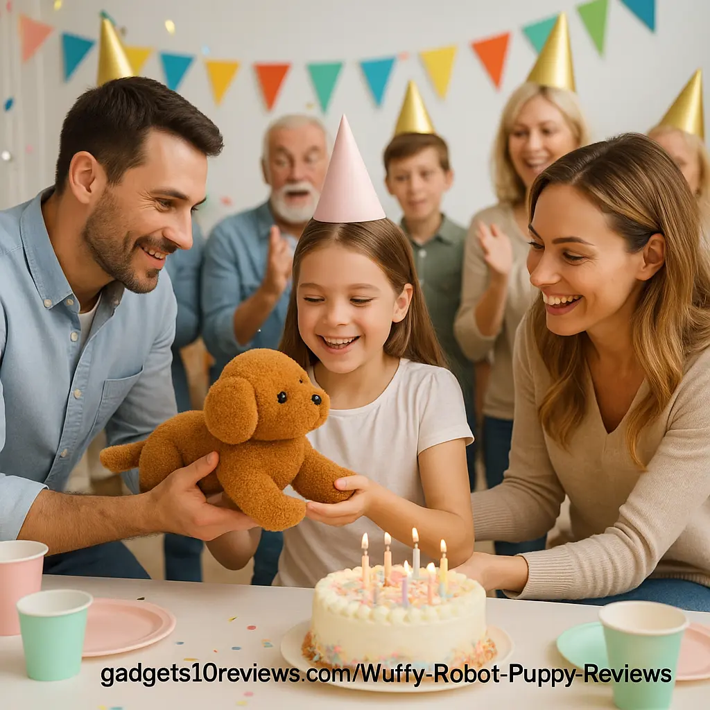 Birthday girl happily receiving a Wuffy Robot Puppy gift at her party while family and friends cheer in excitement.