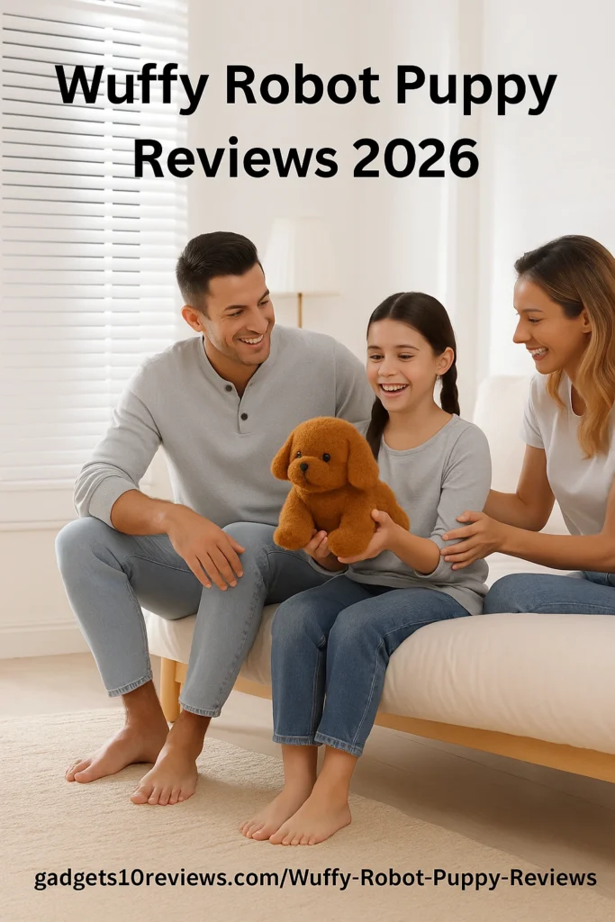 A Parents Is Gifting The Wuffy Robot Puppy To Their Daughter And The Cute Daughter Is Smiling ANd looking Happy.