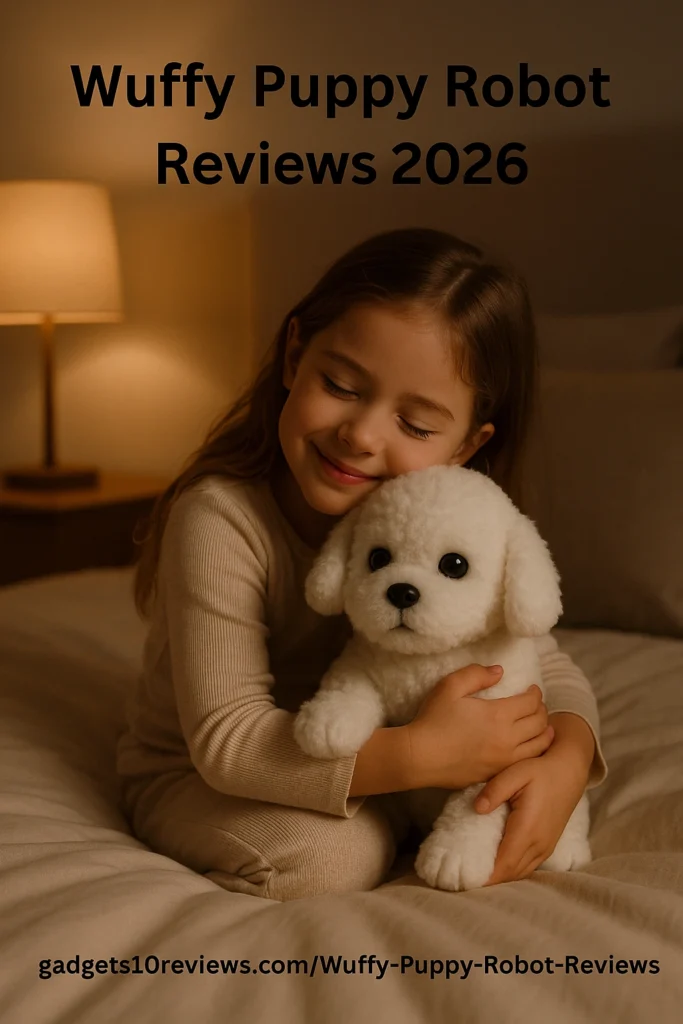 Little girl cuddling the Wuffy Puppy Robot in a cozy bedroom during the 2026 product review.
