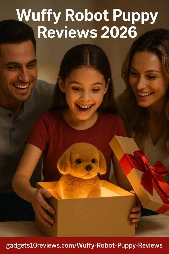 Little girl excitedly unboxing the Wuffy Robot Puppy while parents smile during a joyful family moment.