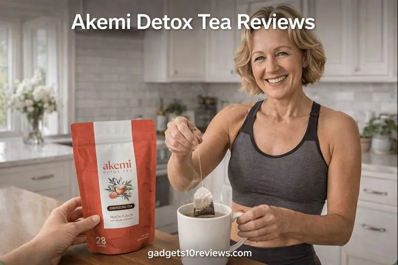 Healthy woman making Akemi Detox Tea in kitchen after gym session.