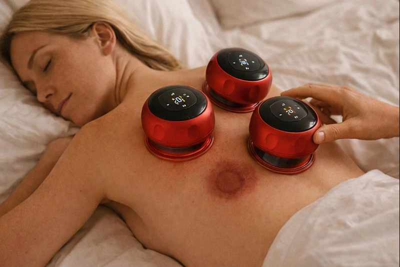 Woman relaxing on bed using Vita Smart Cup Massager for back cupping therapy and muscle relief.