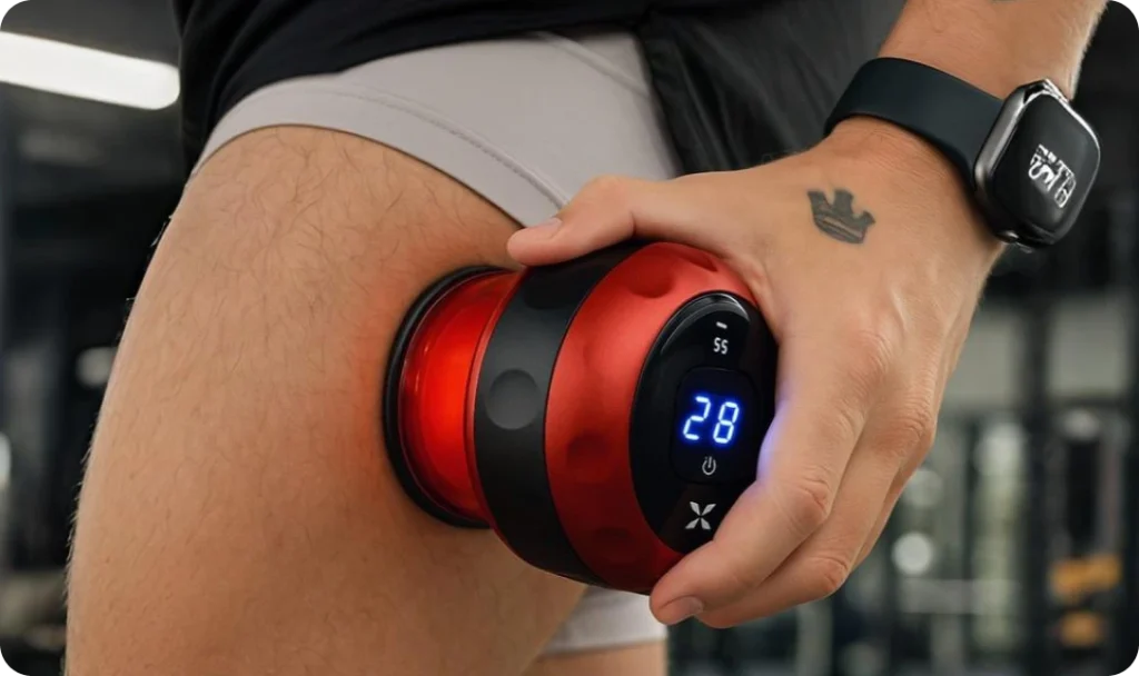 A Gym Boy Is Using The Vita Smart Cup Massager After The Gym Session