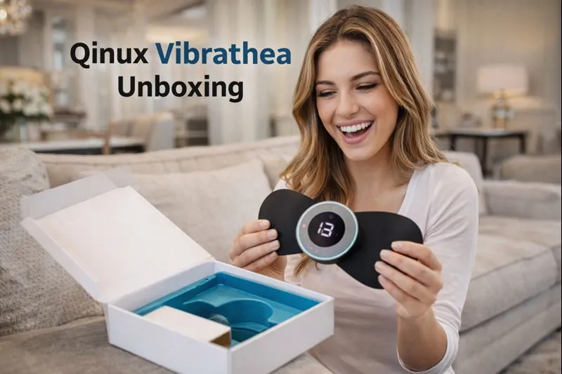 Qinux Vibrathea unboxing review showing happy woman holding the device for pain relief.