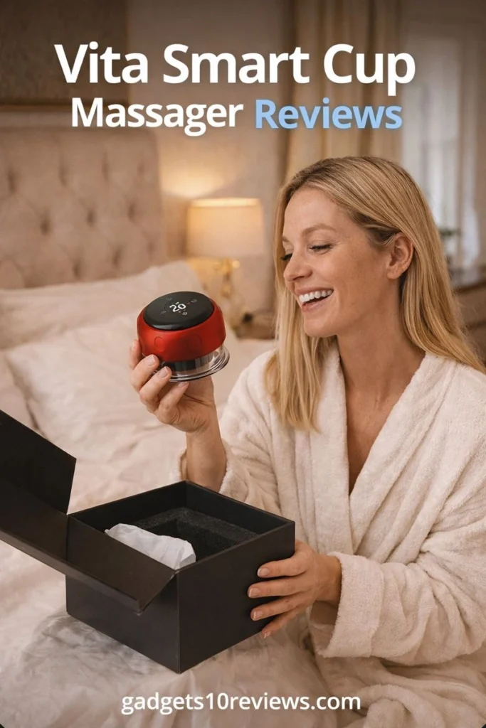 Happy woman unboxing Vita Smart Cup Massager in bedroom for at-home cupping therapy.
