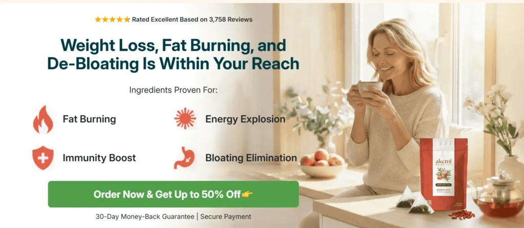 Akemi Detox Tea reviews image showing woman enjoying detox tea for weight loss and bloating relief.