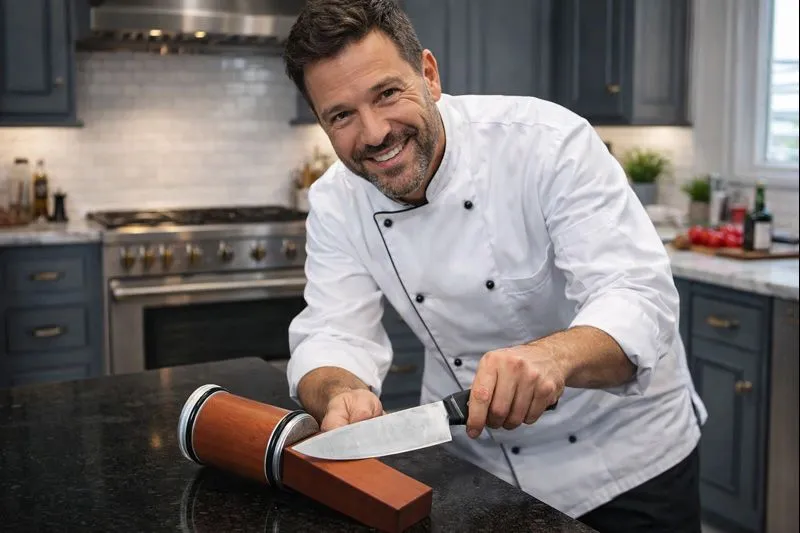 Happy professional chef sharpening a kitchen knife with Qinux Bladeon in a modern premium kitchen, demonstrating safe and precise knife sharpening at home.