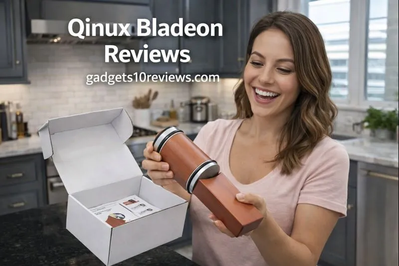 A Beautiful Lady Is In Her Kitchen And Unboxing The Qinux Bladeon Knife Sharpener, Looking Happy & Joyful.