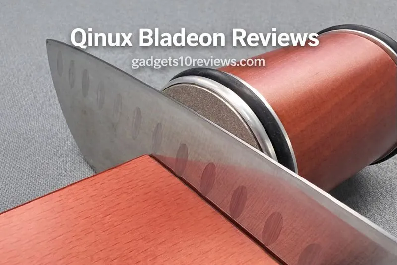 Qinux Bladeon knife sharpener restoring a razor-sharp edge on a kitchen knife with diamond discs – professional home knife sharpening review.