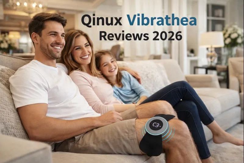 A Family Is Watching The TV While Using The Pain Relief Device Qinux Vibrathea.
