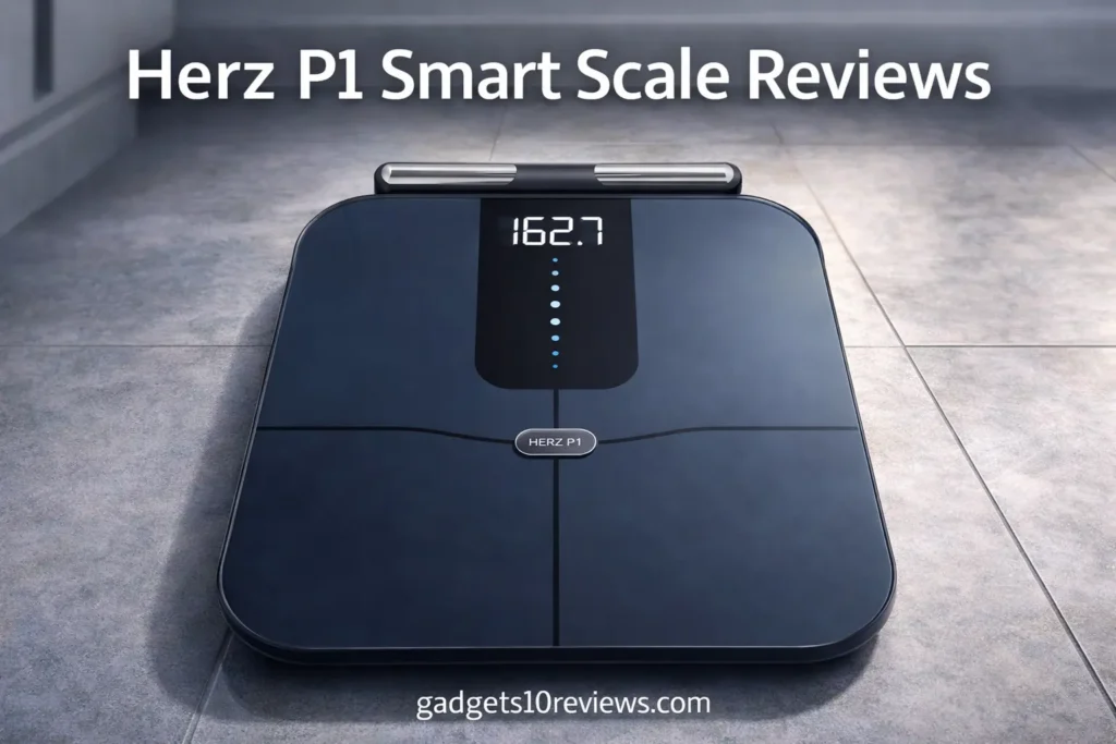 Herz P1 Smart Scale with full body composition analysis, showing LED display and handle, featured in Herz P1 Smart Scale Reviews on gadgets10reviews.com