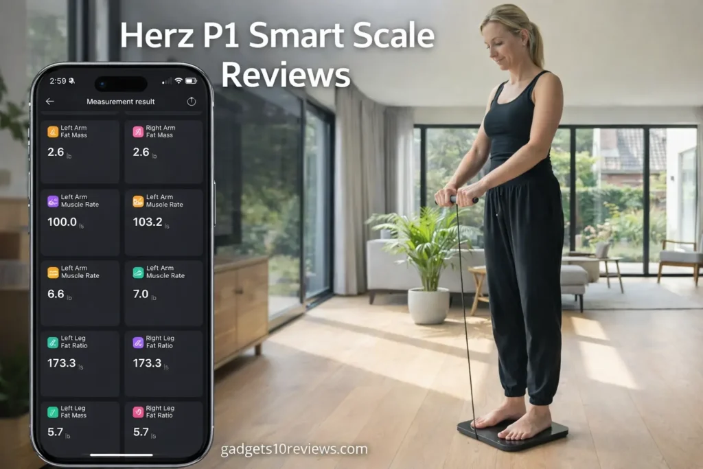 As A Women is Using The Herz P1 Smart Scale & You Can Also See The Results In The Mobile App.