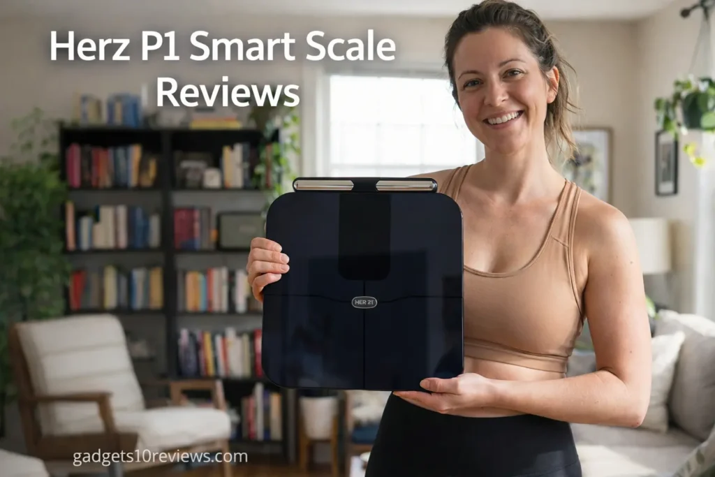Smiling woman holding Herz P1 Smart Scale in home setting, showcasing full body composition analysis in Herz P1 Smart Scale reviews on gadgets10reviews.com
