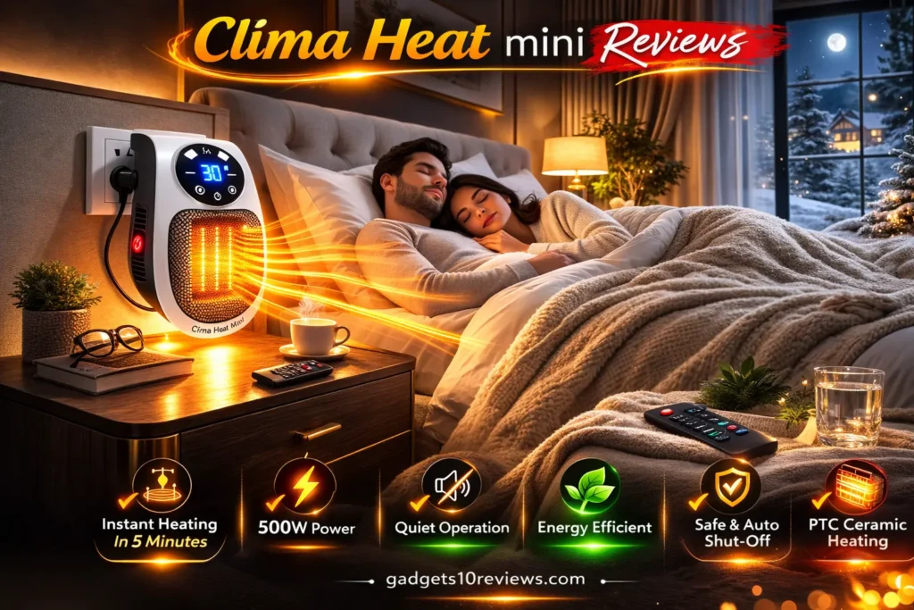 Clima Heat Mini Reviews showing portable heater warming premium bedroom while couple sleeps.