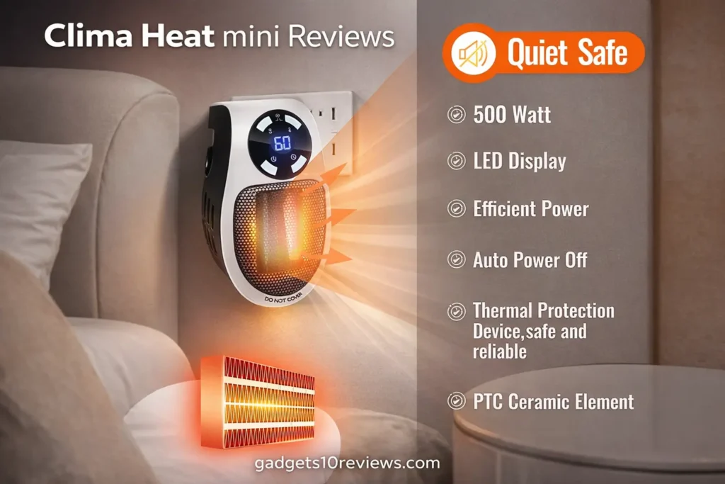 Clima Heat Mini Reviews showcasing quiet portable heater with thermal protection.