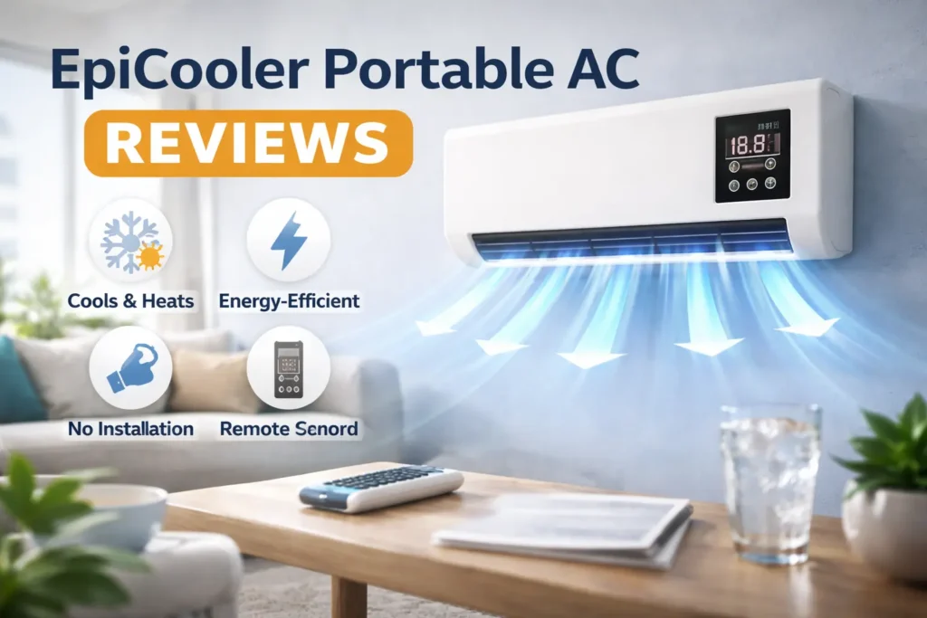 EpiCooler Portable AC wall mounted unit blowing cool air with energy efficient and no installation features highlighted.