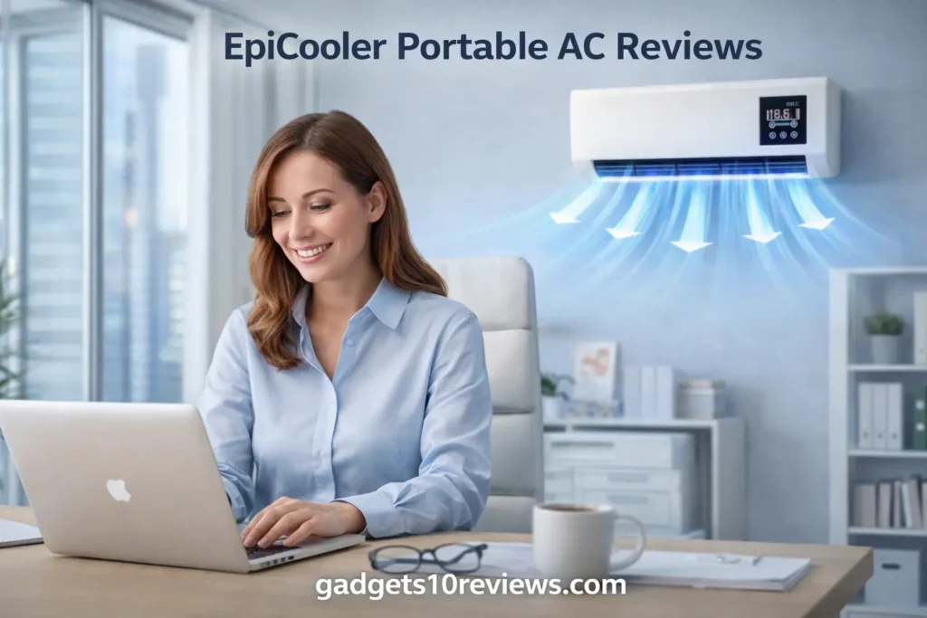 A Women Is Working In The Office And Enjoying The Fresh Cold Breeze Of EpiCooler Portable AC.