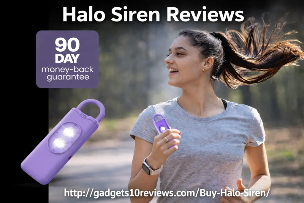 Halo Siren Reviews – woman jogging with Halo Siren personal safety alarm featuring 130dB siren and LED strobe.
