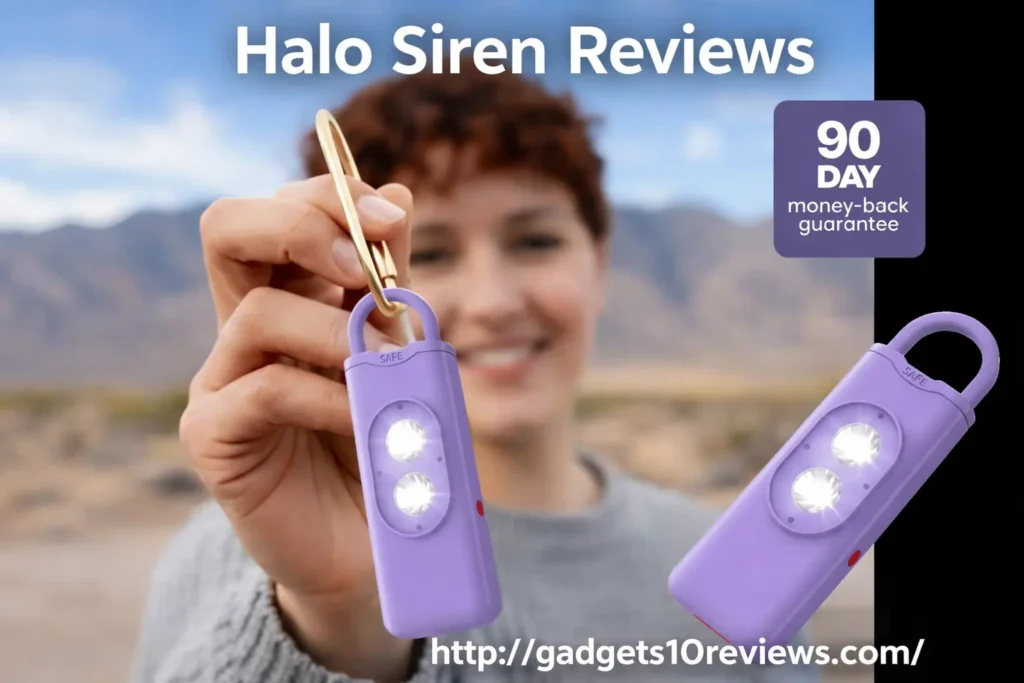 Halo Siren Reviews – compact 130dB personal safety alarm keychain with bright LED strobe in real use. A Women Is Happily Showing The Halo Siren Device. 