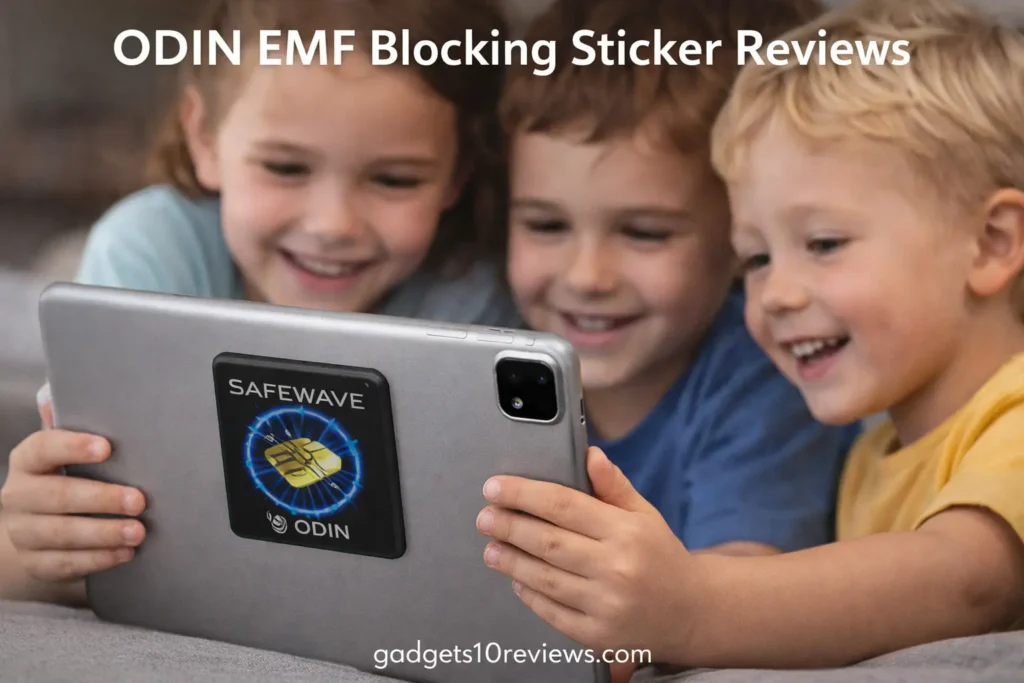 Kids watching a tablet with ODIN EMF Blocking Sticker visible on the back for safe device use.