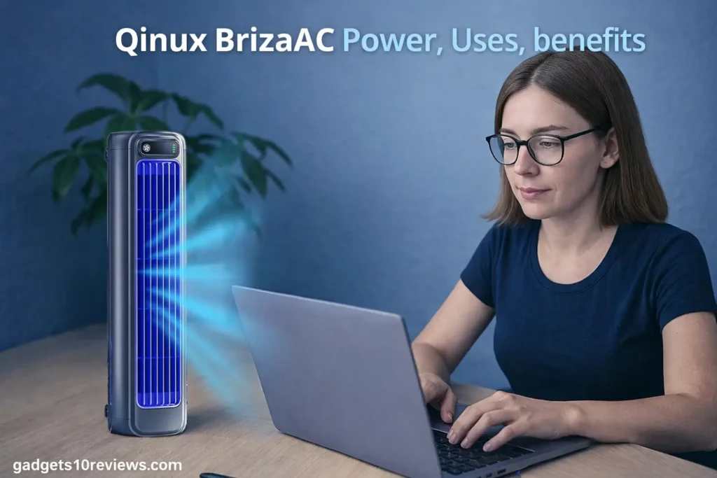 Woman working on laptop with Qinux BrizaAC portable cooler providing instant quiet cooling at desk.