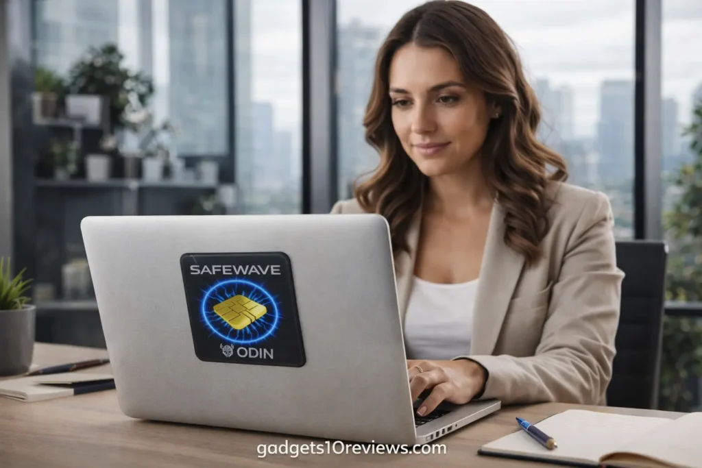 Woman working on laptop with ODIN EMF Blocking Sticker in a modern office.