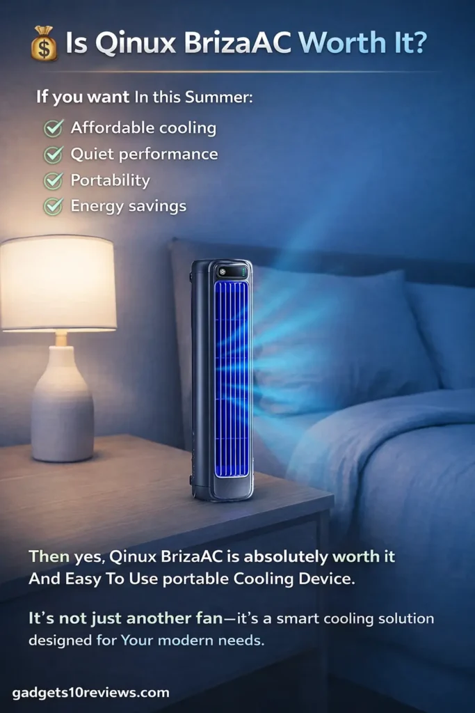 Qinux BrizaAC portable cooler on bedside table delivering quiet, energy-efficient cooling for better sleep.