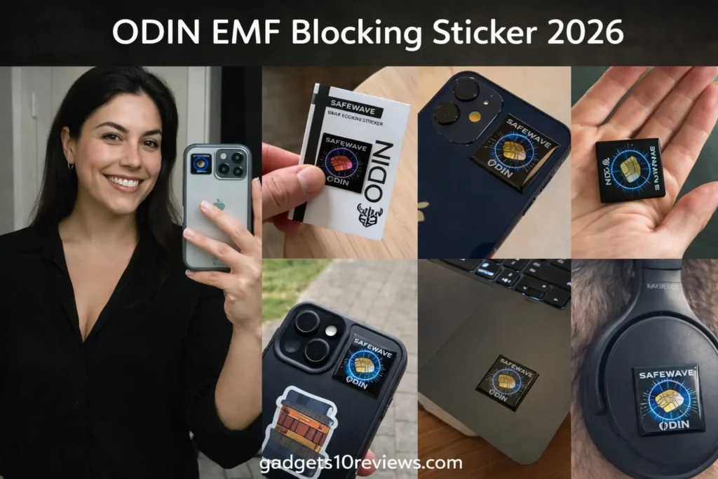 ODIN EMF Blocking Sticker 2026 used on phones, laptop, and devices collage.