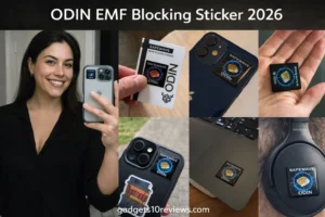 ODIN EMF Blocking Sticker 2026 used on phones, laptop, and devices collage.