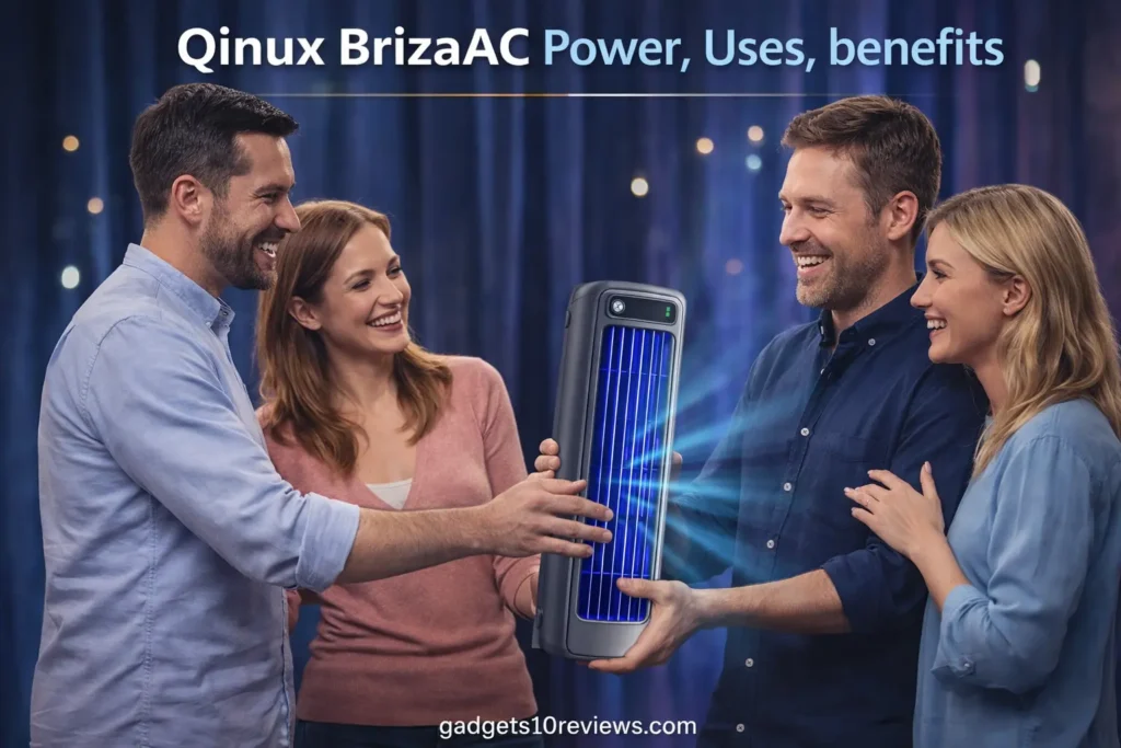 Couple gifting Qinux BrizaAC portable cooler on stage, showcasing smart cooling benefits and happy moments.