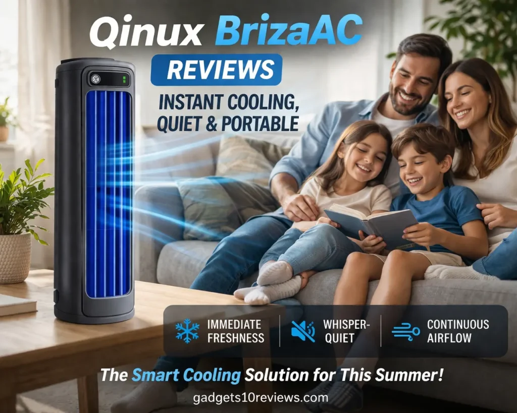 Qinux BrizaAC portable cooler delivering instant quiet cooling while family relaxes comfortably at home.