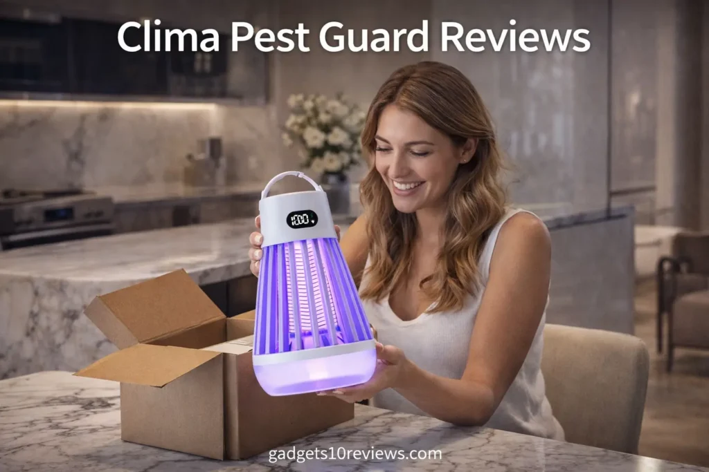 Clima Pest Guard Reviews – happy woman unboxing portable mosquito zapper in a modern home.