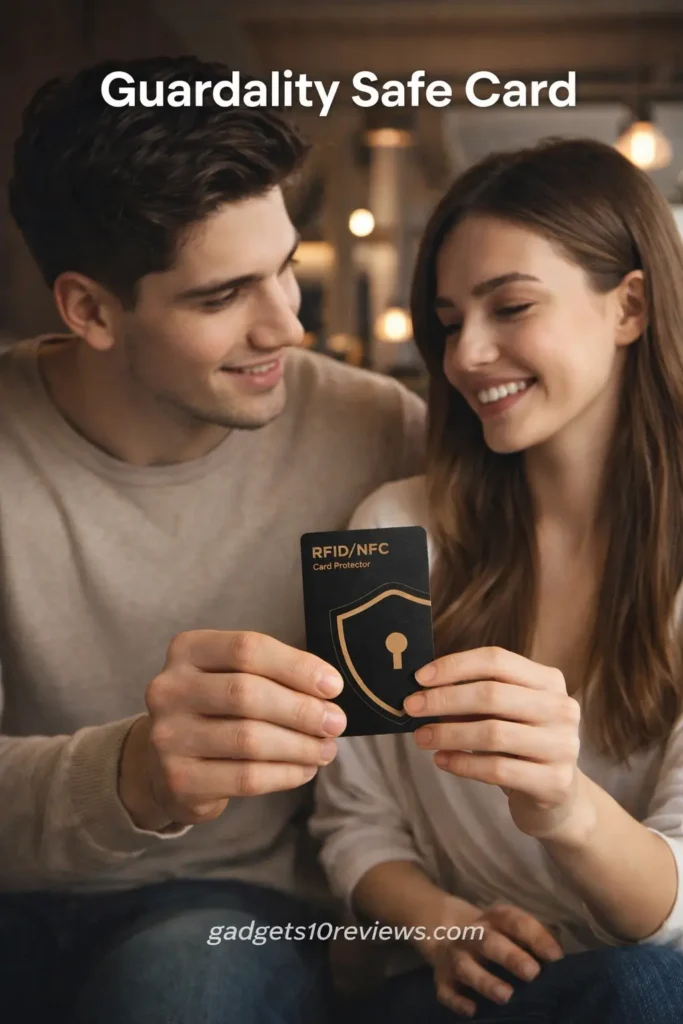 Young man gifting Guardality Safe Card to girlfriend for stylish RFID protection and secure everyday use.