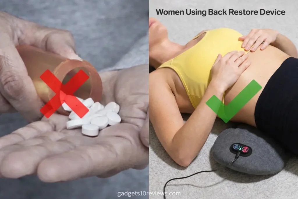 Back pain relief comparison: pills vs Back Restore device in action.
