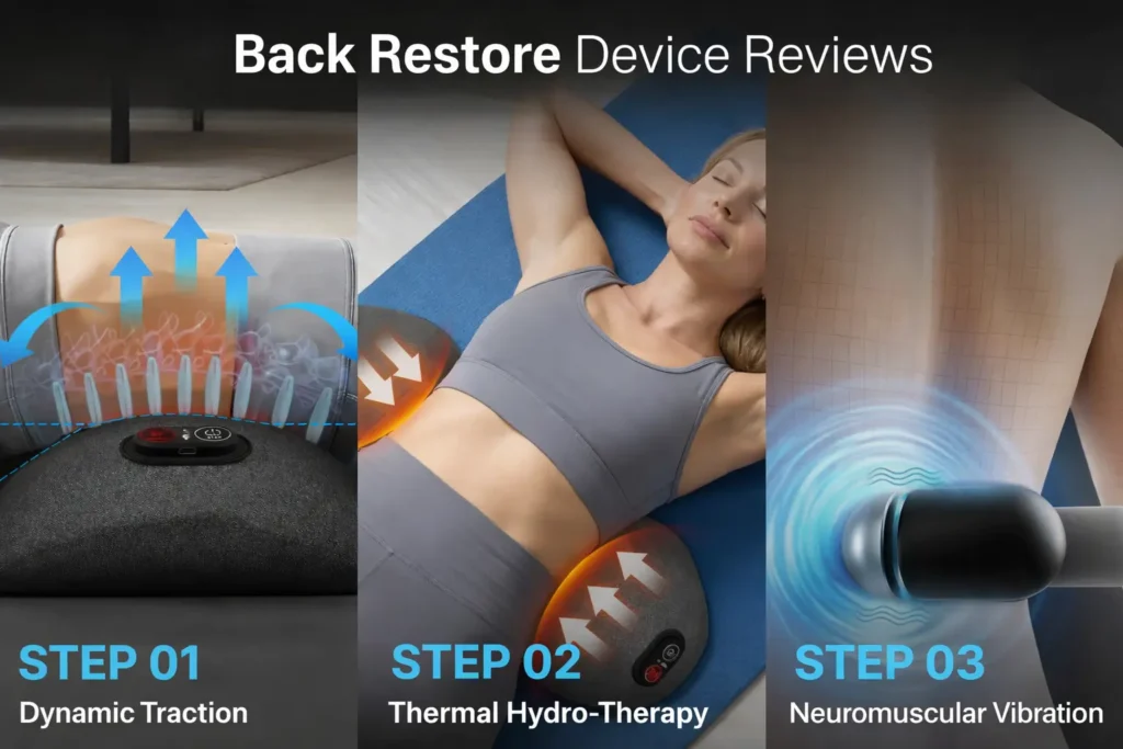Back Restore device steps for spinal decompression, heat therapy, and pain relief.