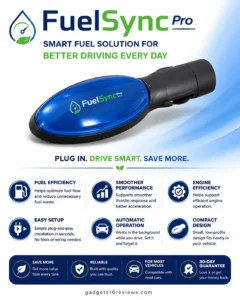 FuelSync Pro smart fuel-saving device infographic showing engine efficiency, smoother performance, and plug-and-play installation benefits.