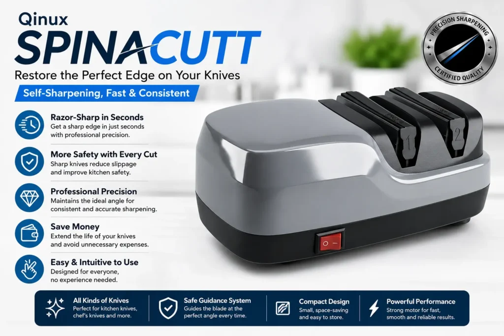 Qinux Spinacutt electric knife sharpener with self-sharpening technology, safe guidance system, razor-sharp results in seconds, compact design, and professional precision for all kitchen knives.